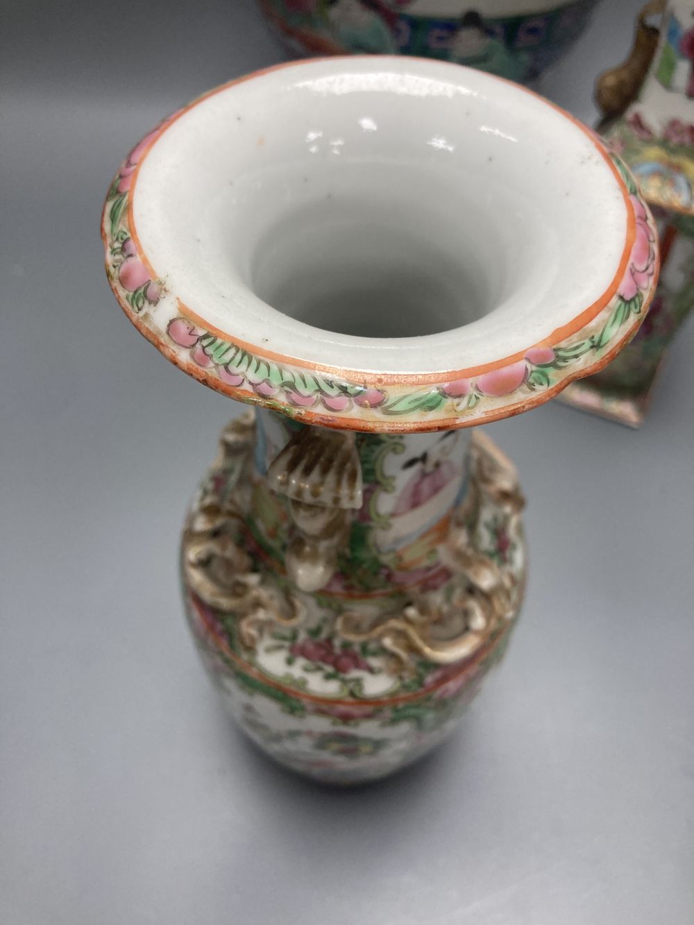 Two 19th century Chinese famille rose vases and another vase, tallest 29cm